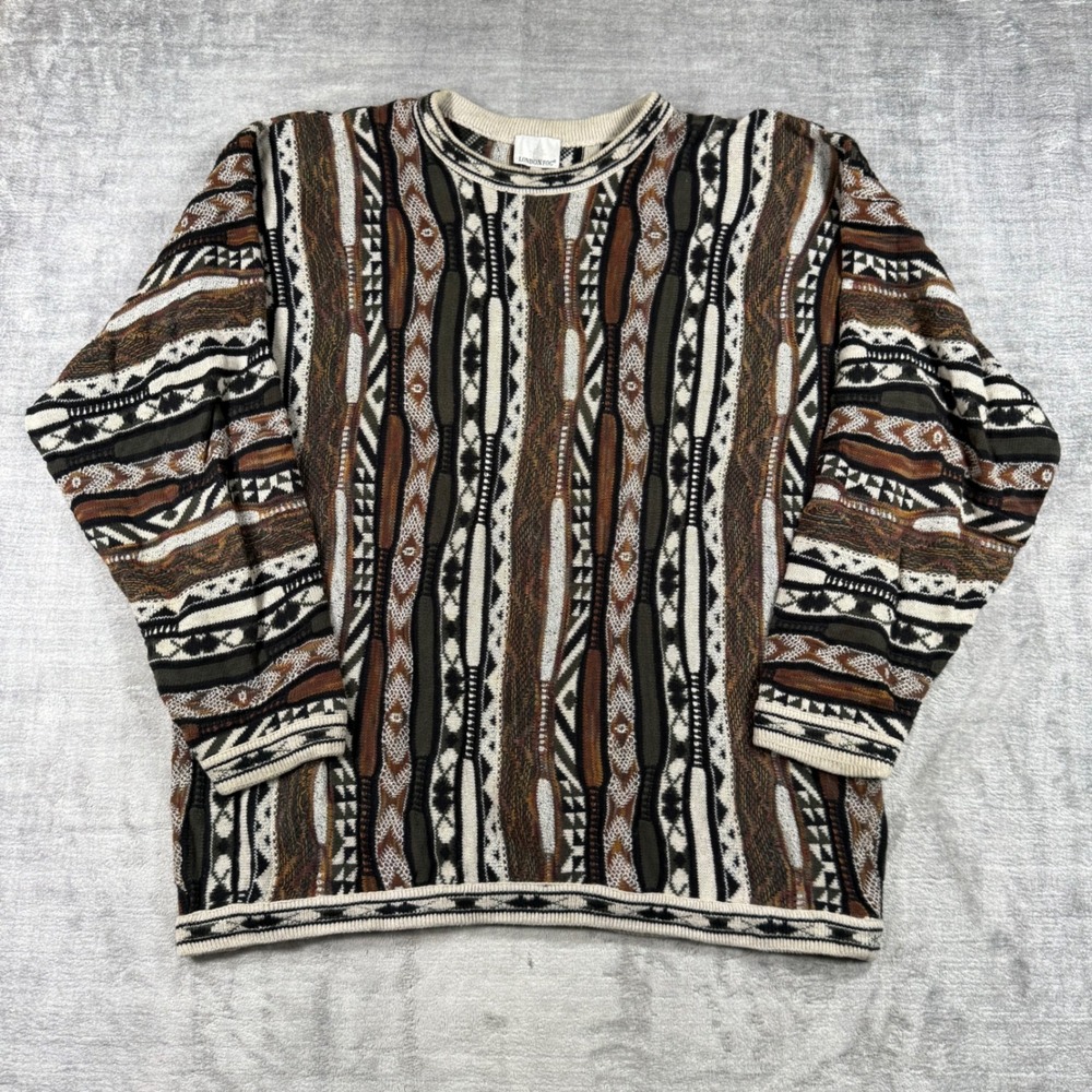 Vintage London Fog Sweater Mens 2XL Tall Brown Coogie Style Geometric 3D Knit